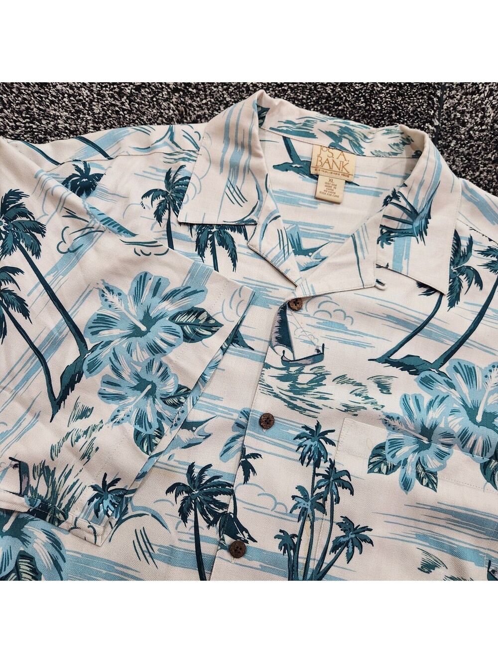 Vtg Jos A Bank Hawaiian Shirt Men XL White Blue Silk Palm Tree Sailboat Tropical